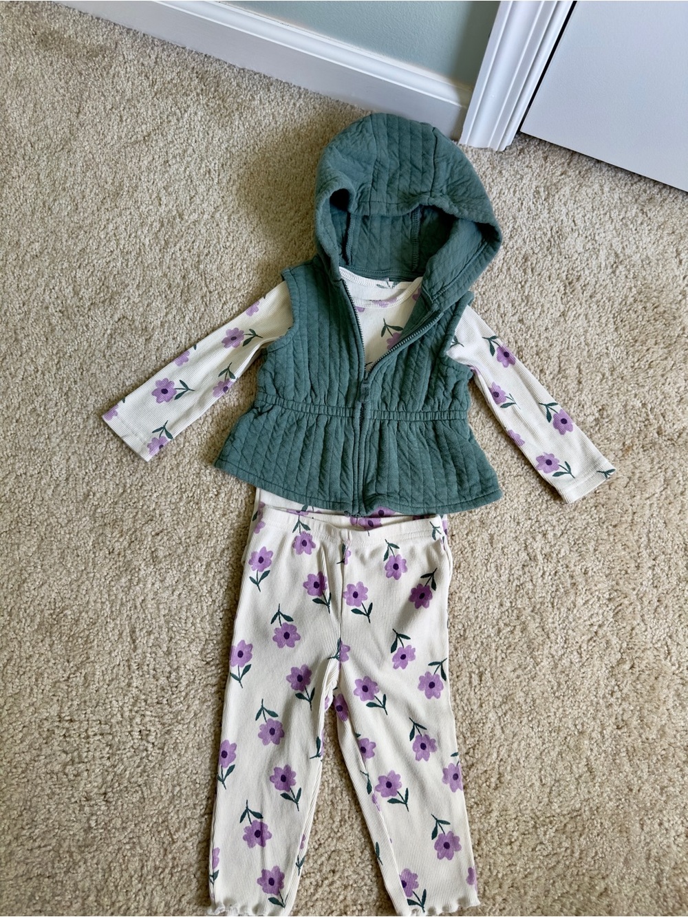Carter's Green Quilted Hooded Vest with Purple Floral Top & Pants Set
